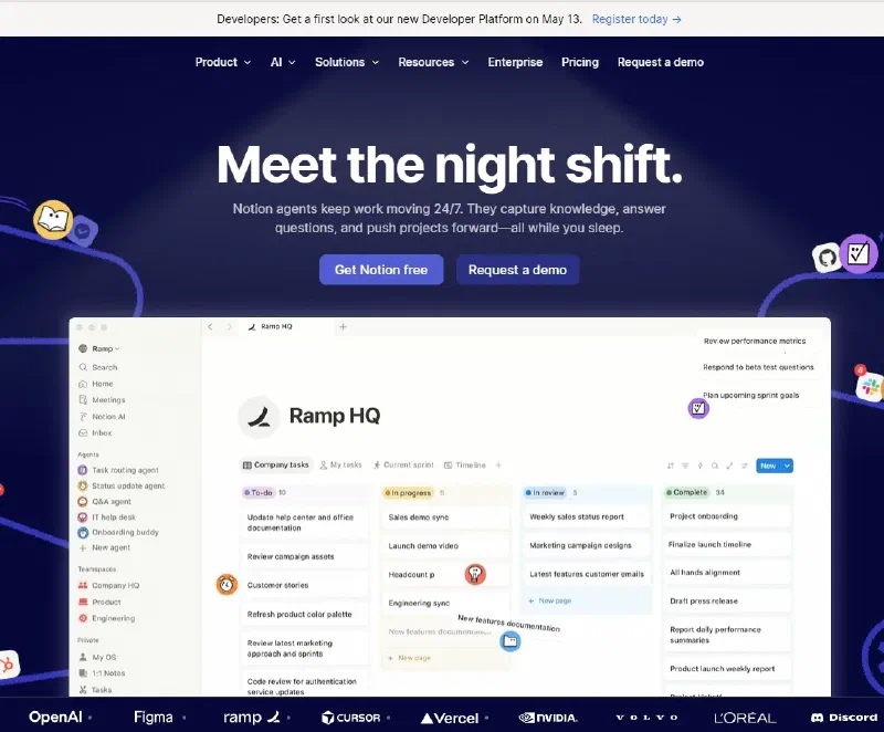 Meet the night shift - так сегодня Notion встречает на главной странице
